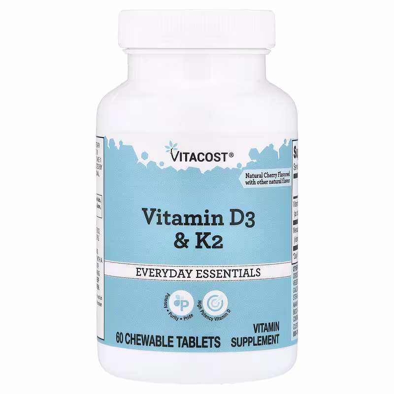 Vitacost, вітаміни D3 та K2, натуральна вишня, 60 таблеток