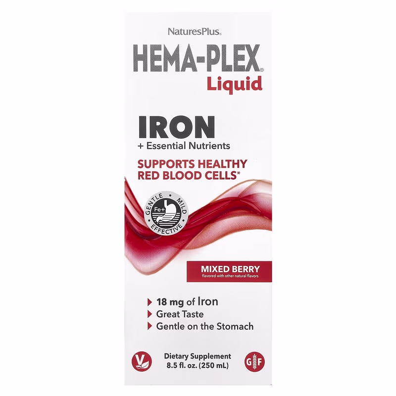 NaturesPlus, Hema-Plex® Liquid, залізо та основні поживні речовини, ягідна суміш, 250 мл